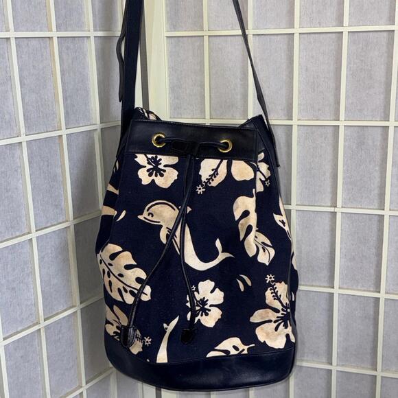 Escada Handbags - VTG ESCADA Nautical Dolphin Floral Blue Leather Drawstring Bucket Bag Crossbody